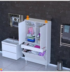 Resim Modilayn Yeni Afra 95x173x32,5 Cm' Lik 1 Çekmece, 3 Göz Sepet, 2 Kapak, 6 Raf Dar Alan Banyo Dolabı Beyaz 