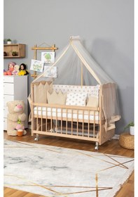 Resim Ahşap Beşik Anne Yanı Beşik Organik Boyasız 60x120-krem Nakış Yazısız Uyku Seti + Yatak+tekerlekli Ahşap 