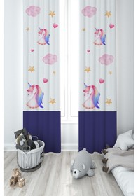 Resim Mekta Home Bebek Ve Çocuk Odası Unicorn Ve Seksek Desenli Lacivert 2 Kanat Fon Perde 