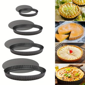 Resim 4 adet, 10.16 / 15.24 / 20.32 / 25.4 cm yapışmaz pizza tavası, kek kalıbı, pizza kek tatlı pişirme tavası, çıkarılabilir altlı, yuvarlak krizantem pasta tavası, yeniden kullanılabilir karbon çelik kiş bakeware, fırın pişirme dayanıklı karbon çelik pişirme kalıbı 