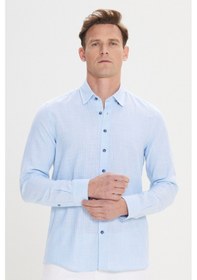 Resim Erkek Acık Mavı Slim Fit Dar Kesim Gizli Düğmeli Yaka Keten Görünümlü %100 Pamuk Flamlı Gömlek Acık Mavı Mavi 