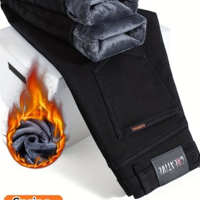 Resim Erkekler için Termal Yalıtımlı Düz Paça Kot Pantolon - Orta Bel, Makinede Yıkanabilir Kışlık Kotlar Günlük ve Resmi Etkinlikler İçin (Siyah) - İş ve Boş Zaman Modası, Şık Tasarım, Premium Dikiş, Açık Hava Tutkunları İçin İdeal 