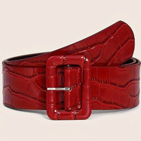 Resim Vintage Esintili Kırmızı Geniş Kadın Kemer, Parlak Timsah Dokusu & Kare Toka, Ayarlanabilir 65.0-95.0 cm, Elbiseler, Günlük Kıyafetler ve Resmi Etkinlikler için Mükemmel, Çok Yönlü Moda Aksesuarı | Şık Kemer | Parlak Bitişli Kemer, Elbise için Kemer 