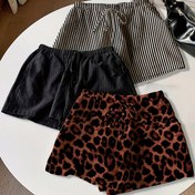 Resim 3 Adet Kadın Günlük Şort - Leopar Desenli, Çizgili ve Düz Siyah - %95 Polyester %5 Elastan Karışımı, Esnek Bel Bandı ve Sahte İp Detaylı, Makinede Yıkanabilir Her Mevsimlik Şort 