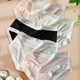 Resim 5 Adet Kadın Seksi Orta Bel Külot - Nefes Alabilen Buzlu Lif Kumaş, Rahat & Dikişsiz Tasarım "KONFORT" Yazılı, Çeşitli Renkler (Beyaz, Pembe, Siyah, Bej) Yazlık Günlük Giyim için, Konforlu İç Çamaşırı, Eğlenceli İç Çamaşırı, Yumuşak Dokulu 
