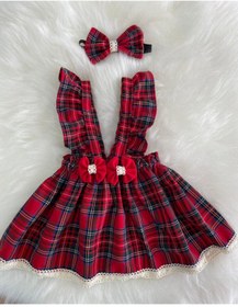 Resim Moda Lina Kız Bebek Kırmızı Ekose Salopet Bandana Set 