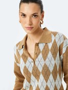 Resim Düğmeli Baklava Desenli Polo Yaka Triko Kazak 