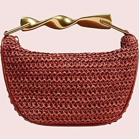 Resim Designer Elegance Koleksiyonu Lüks Mini Örgülü Çapraz Çanta - Kahverengi Rattan, Altın Metal Üst Sap ve Çıkarılabilir Ayarlanabilir Kayış, Plaj Hazır Fermuarlı Kapama & Astarlı Cepler, Kadınlar İçin Günlük ve Resmi Kullanım için Çok Yönlü, Dayanıklı Polyester Astar 