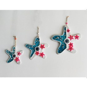 Resim Deniz Kabuğu Süslemeli 3'Lü Deniz Yıldızı Duvar Süsü Nazarlık 