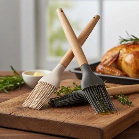 Resim Bambu Saplı Silikon Fırça, Bambu Uzun Silikon Yağ ve Yumurta Fırçası 27CM 3 Renk Seçenekli (Krem) 