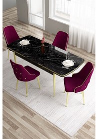 Resim Canisa Tia Serisi, Siyah Mermer Desen 80x132 Açılabilir Mdf Yemek Odası Takımı 4 Mürdüm Sandalye Gold Detay Masa Siyah Mermer Desen Sandalye Mürdüm 