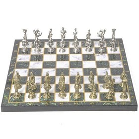 Resim Lüks Metal Satranç Takımı Krom Kaplama Roma Ordusu Figür & Zümrüt Yeşili Mermer Desenli Tahta 20 Cm. 