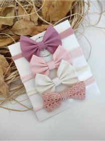 Resim Kız Bebek Pembe Hediyelik Dörtlü Bandana Seti Gül Kurusu-Pudra-Krem-Dantel 