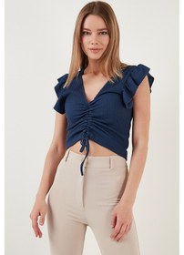 Resim Lela Büzgü Detaylı Kolları Fırfırlı Dar Kesim Crop Bayan Bluz 5865015 Indigo 