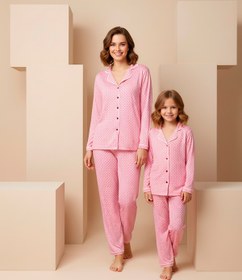Resim rindahomewear Anne-Kız Puantiye Desenli Örme Düğmeli Uzun Kollu Pijama Takımı 