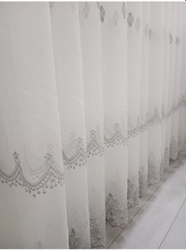 Resim Bayaz Gri Şeritli Sade Tül Perde 1/3 Sık Pileli Dikim 