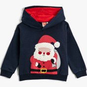 Resim Erkek Bebek Kapşonlu Sweatshirt Yılbaşı Temalı Noel Baba Baskılı Peluş Aplike Detaylı 