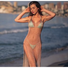 Resim DESİGNEDBYD Örme Parlak Simli Plaj Elbise Pareo 
