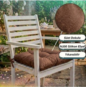 Resim 4 Adet - 40x40 Cm Lüks Süet Dokulu Kahverengi Sandalye Minderi - %100 Silikon Elyaf Dolgulu Yıkanabilir Minder 