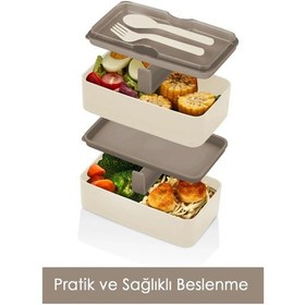 Resim Enjoy Kahverengi 2 Katlı Yemek Saklama Kabı Beslenme Kutusu Seti Sporcu Diyet Okul Sefer Tası 