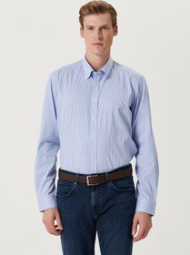 Resim Custom Fit Açık Mavi Çizgi Desenli Gömlek 