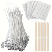Resim 115 parça mum yapma kiti: 50 parça 10cm/15cm/20cm mum fitilleri, 60 parça mum fitili etiketleri ve 5 adet mum fitili tutucu soy ve arı balı mumları için ahşap 