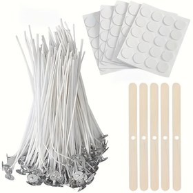 Resim 115 parça mum yapma kiti: 50 parça 10cm/15cm/20cm mum fitilleri, 60 parça mum fitili etiketleri ve 5 adet mum fitili tutucu soy ve arı balı mumları için ahşap 