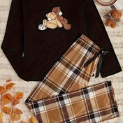 Resim Kadınlar için Ayı Baskılı Rahat Pijama Takımı, Uzun Kollu Yuvarlak Yaka Üst & Ekose Pantolon, Sonbahar & Kış İçin Rahat ve Salaş Kesim 