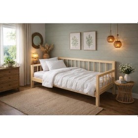 Resim Ahşap Rustik Sedir Kanepe 60cmx190 Cm İç Ölçü Mindersiz Doğal Natürel Masif Ahşap Bej 