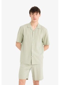 Resim Defacto Relax Fit Polo Yaka Keten Karışımlı Kısa Kollu Gömlek D9882ax25augn497 Yeşil-gn497 