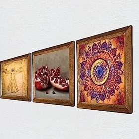 Resim Pinecone Mandala, Leonardo da Vinci Vitruvius Adamı, Nar Taş Duvar Tablosu - Ahşap Çerçeveli Taş Tablo - 25x25 cm - 3 Parça Set - Dekoratif Duvar Sanatı - Modern Ev ve Ofis Duvar Dekoru W3-1384 