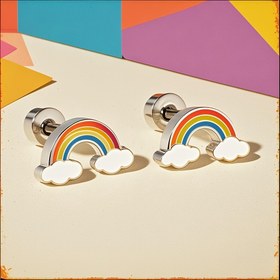 Resim 1 Çift Şık Gökkuşağı Paslanmaz Çelik Küpe Bulut Tasarımlı - Canlı Çok Renkli Bitiş, Parlak Yüzey, Kadınların Düğünleri, Partiler ve Günlük Takılar İçin Mükemmel, Sevimli Küpeler, Parti Aksesuarları, Kaplama Altın Takı 