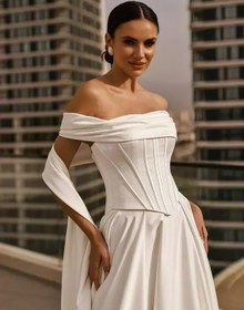 Resim Nicole Straplez Drape Detaylı Saten A Kesim Gelinlik - Kırık Beyaz / 34 