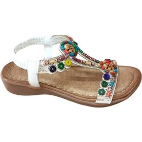 Resim Guja 25y150-1 Kadın Taşlı Düz Taban Comfort Sandalet Beyaz Siyah 