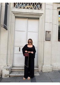 Resim Bonacosa Kadın Viskon 3 Lü Takım Kimono + Beli Lastikli Salaş Pantolon + Crop 8 Renk Siyah 