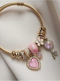 Resim Zirkon Taşlı Charm Bileklik Kalpli Anahtar Pembe Charm Gold GOLD-16 cm 