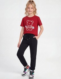 Resim Panios Kids Yuvarlak Yaka Tişörtlü Uzun Eşofman Altlı Baskı Detaylı Kız Çocuk Alt Üst Takım Kırmızı 