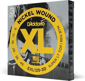 Resim D'Addario Elektro gitar telleri | gitar telleri elektro gitar telleri | en popüler tel markası | EXL125-3D | nikel kaplama çelik | Sup.Lt.Top/Reg.Bottom (09-46) | 3'lü paket 