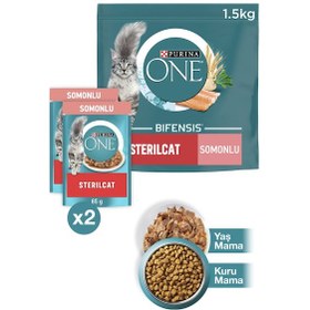 Resim Purina One Somonlu Kısırlaştırılmış Kedi Maması 1500 G + Purina One Sterilcat Somon Kısırlaştırılmış Kedi Maması 2 x 85 G 