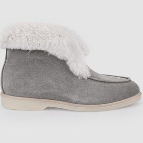 Resim %100 Hakiki Deri Gri Süet Kürklü Kadın Bot Gri 