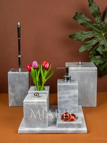 Resim MIARIK DESIGN & DEKORASYON Dekoratif Gri Mermer Düz Kare Gümüş Detaylı 7 Li Banyo Seti Takımı 