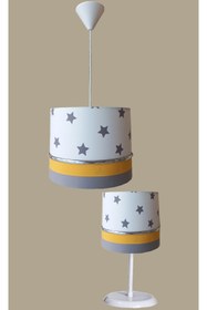 Resim ONAY M BEYAZ YILDIZLI SARI KUMAŞ KAPLAMA 2.Lİ SET GENÇ VE ÇOCUK ODASI AVİZE VE ABAJUR SETİ 