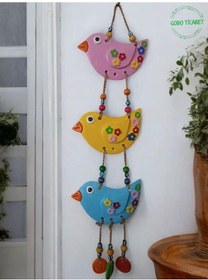 Resim 3'lü El Boyaması Dekoratif Kuş Duvar Ve Balkon Süs Boncuklu Pembe 