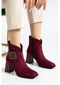 Resim Süet Metal Kemerli Bordo Kadın Topuklu Bot-4210 Bordo 