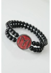 Resim Mey İthalat Bordo Metal Üzerine Füme Kayı Boyu Figürlü Siyah Renk Çift Sıra Doğal Taş Erkek Bilekli Çok Renkli 