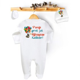 Resim Niles Baby design for baby Paniğe Gerek Yok Yengem Halleder Yazılı Tulum Set (tulum Bere Eldiven) 