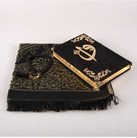 Resim Seccade + Tesbih + Kuran Hediye Seti (Orta Boy, Kadife, Siyah) 