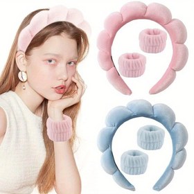 Resim 3 adet Bal Kız Yumuşak Peluş Kafa Bandı ve Bileklik Seti, Elastik Olmayan Polyester Yüz Yıkama Aksesuarları, Çok Renkli Saç ve Makyaj Bantları Günlük Kullanım İçin 