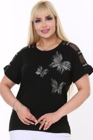 Resim Kheos Kelebek Desen Taş Baskılı Omzu Tül Şerit Kısa Kol Yuvarlak Yaka Rahat Likralı Esnek Büyük Beden Bluz 