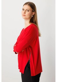 Resim On Fashion Kadın Yanları Fermuarlı Kırmızı Bol Kazak 65389 Kırmızı 